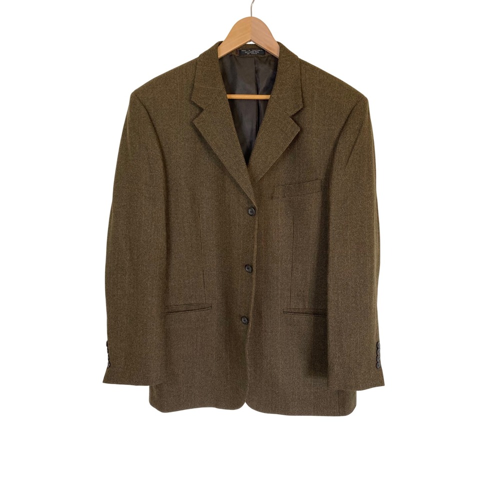Jones New York Mens 42R Lambswool Blazer Olive Green Windowpane Sport Coat 3-Btn